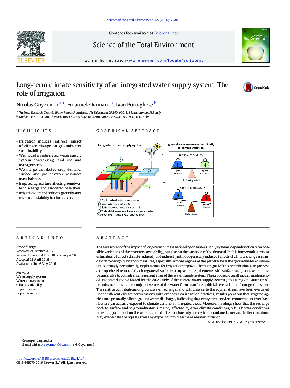 Long-term climate sensitivity of an integrated water supply system: The role of irrigation