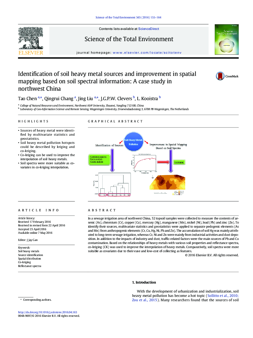 Identification of soil heavy metal sources and improvement in spatial mapping based on soil spectral information: A case study in northwest China