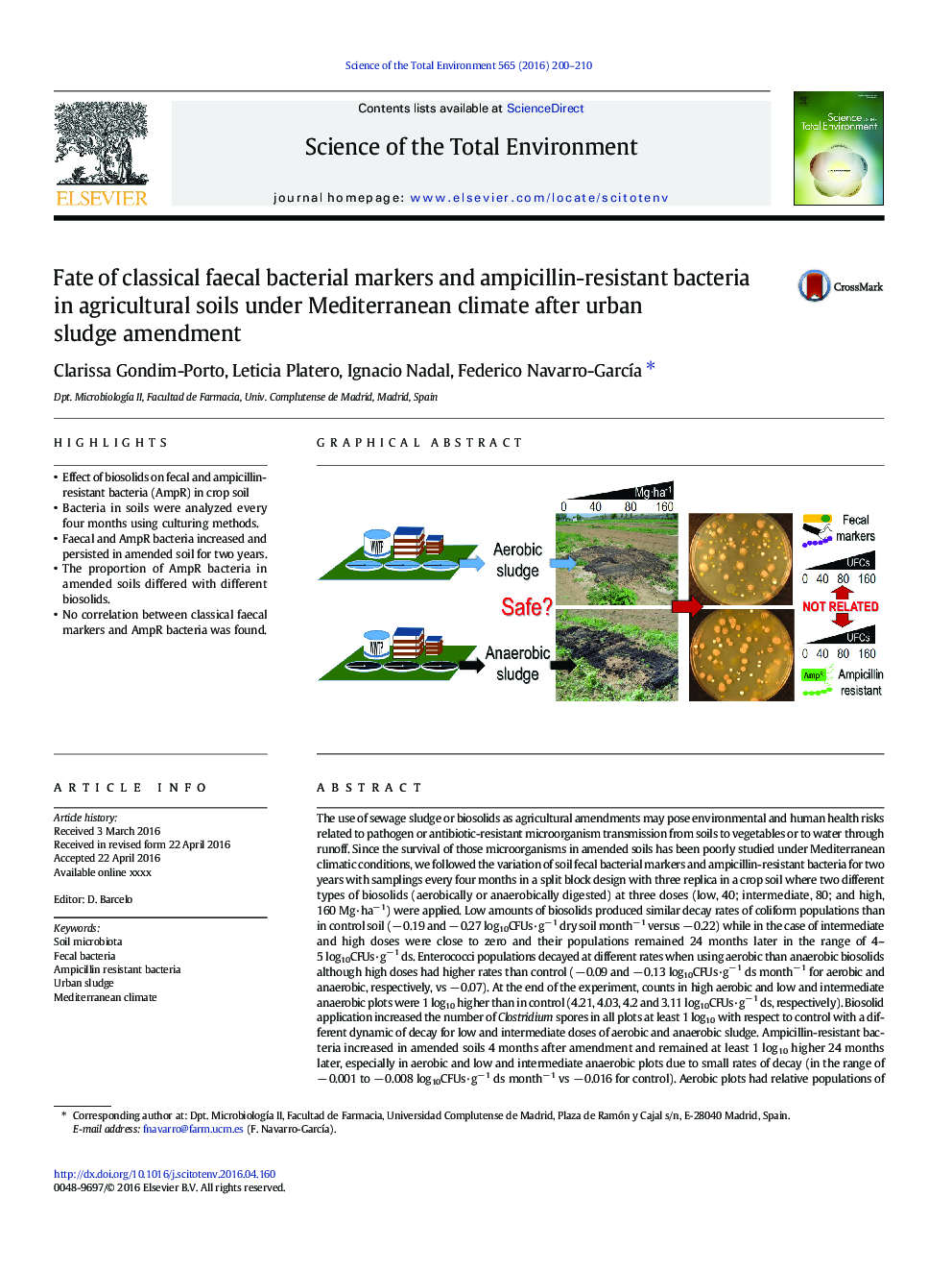 Fate of classical faecal bacterial markers and ampicillin-resistant bacteria in agricultural soils under Mediterranean climate after urban sludge amendment