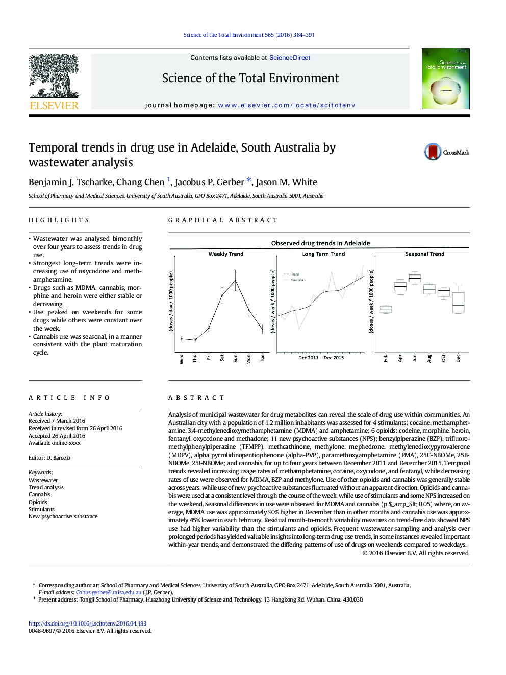 Temporal trends in drug use in Adelaide, South Australia by wastewater analysis