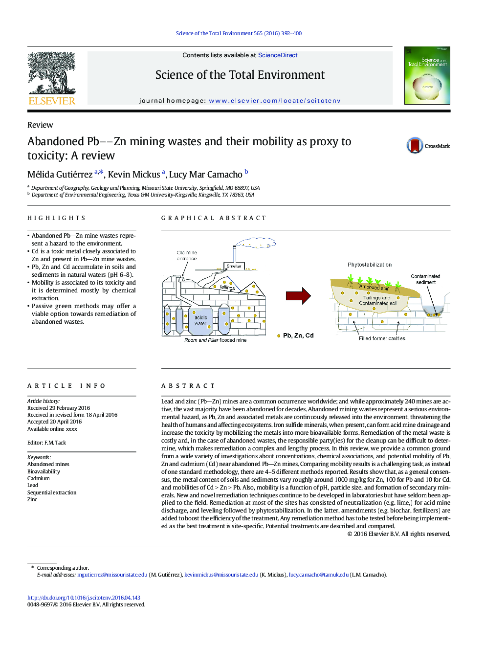 Abandoned PbZn mining wastes and their mobility as proxy to toxicity: A review