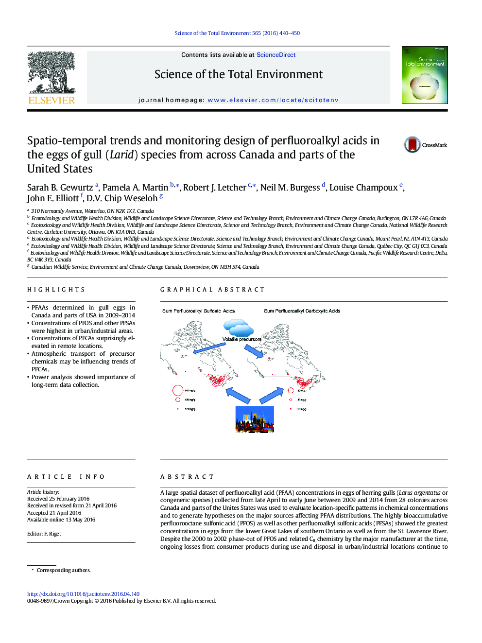 Spatio-temporal trends and monitoring design of perfluoroalkyl acids in the eggs of gull (Larid) species from across Canada and parts of the United States