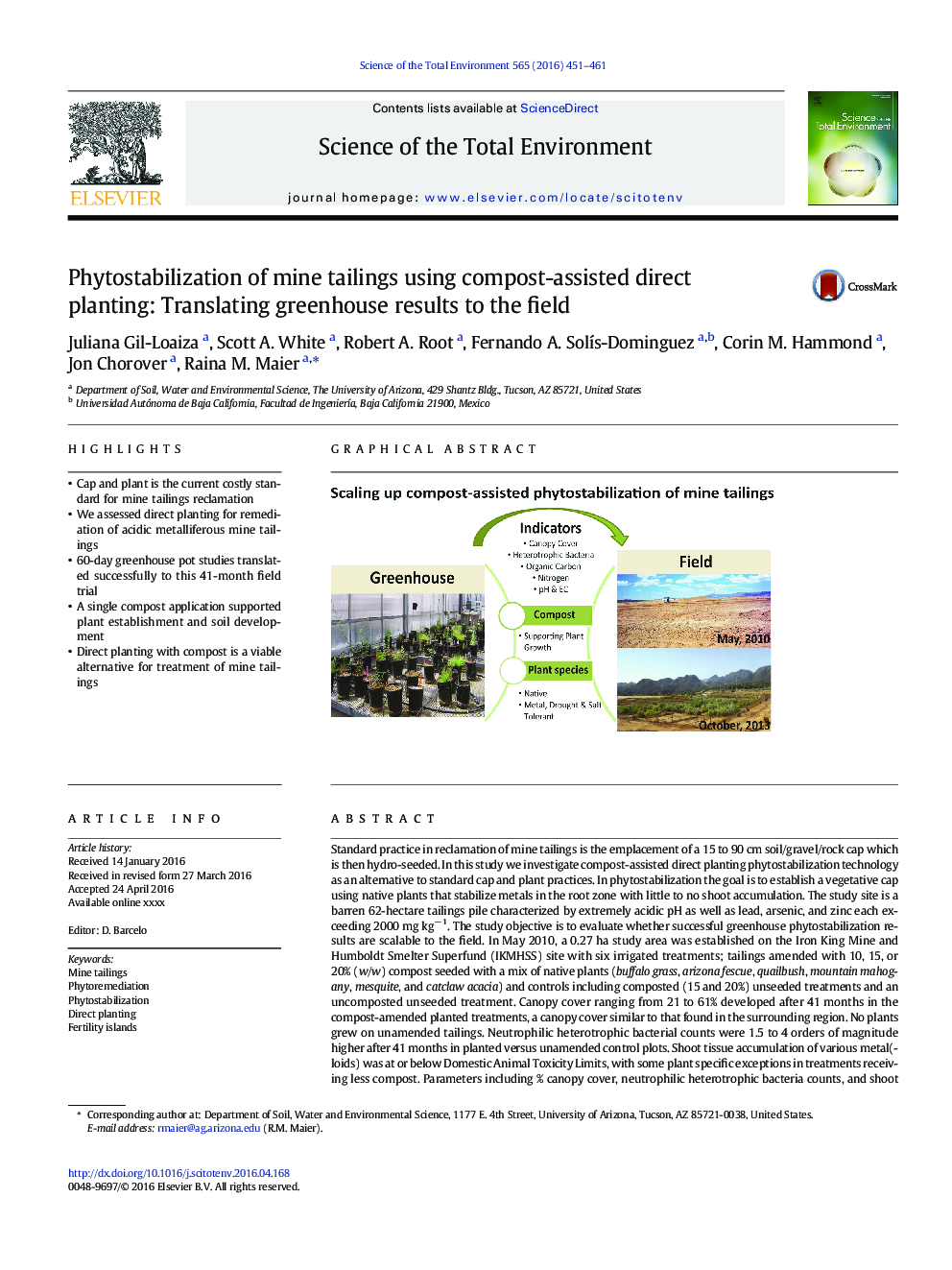 Phytostabilization of mine tailings using compost-assisted direct planting: Translating greenhouse results to the field