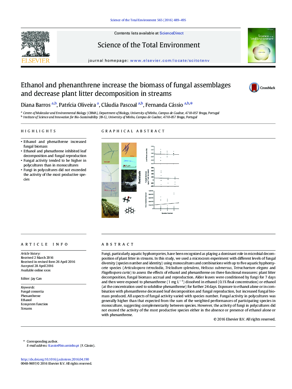 Ethanol and phenanthrene increase the biomass of fungal assemblages and decrease plant litter decomposition in streams