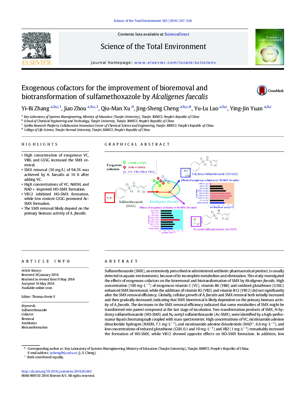 Exogenous cofactors for the improvement of bioremoval and biotransformation of sulfamethoxazole by Alcaligenes faecalis