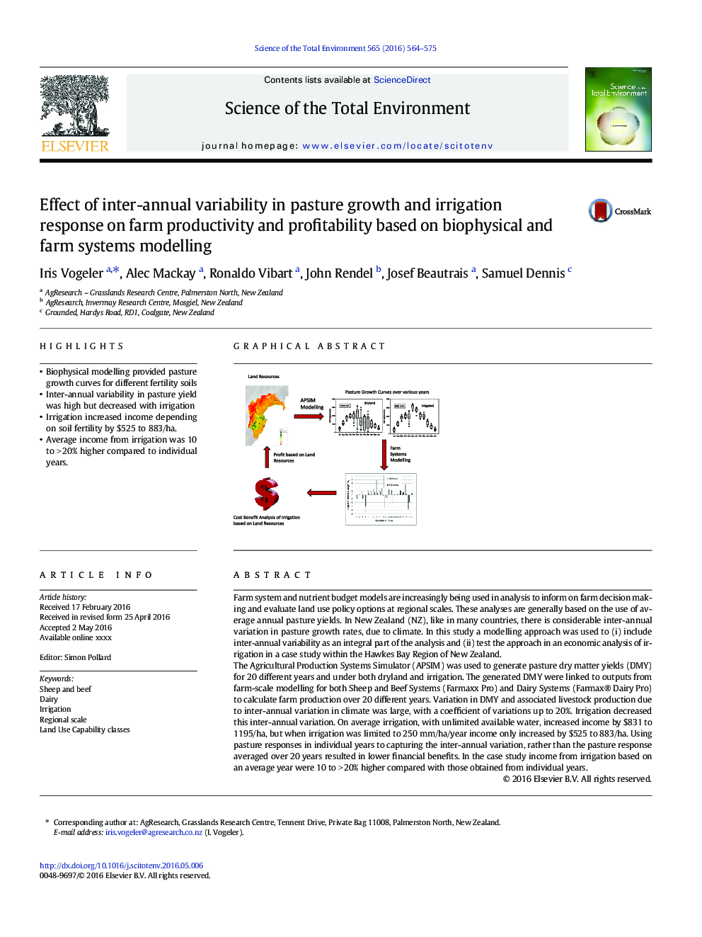 Effect of inter-annual variability in pasture growth and irrigation response on farm productivity and profitability based on biophysical and farm systems modelling