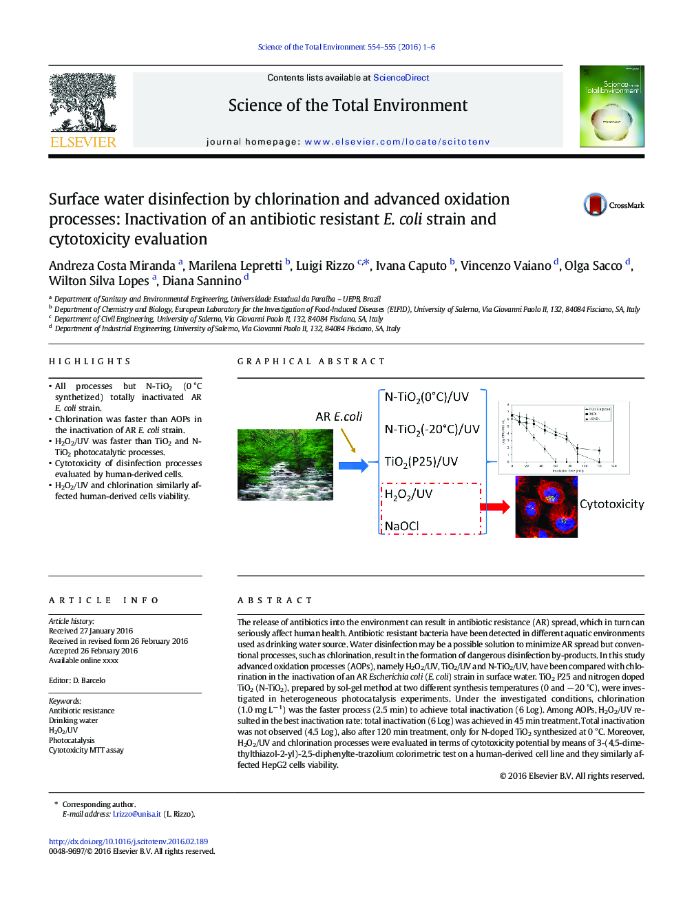 Surface water disinfection by chlorination and advanced oxidation processes: Inactivation of an antibiotic resistant E. coli strain and cytotoxicity evaluation