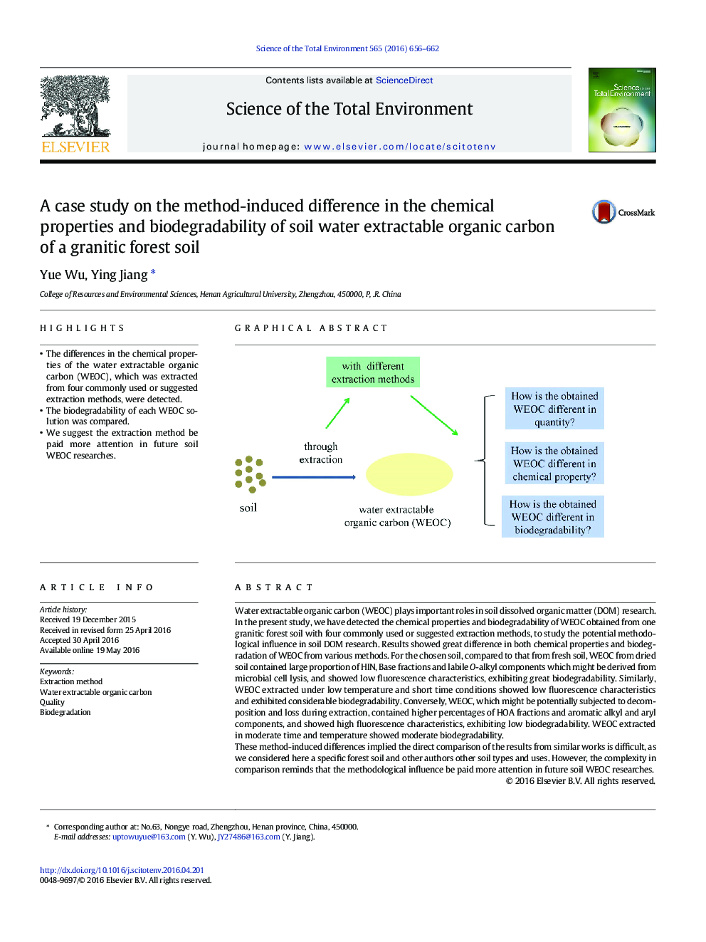 A case study on the method-induced difference in the chemical properties and biodegradability of soil water extractable organic carbon of a granitic forest soil