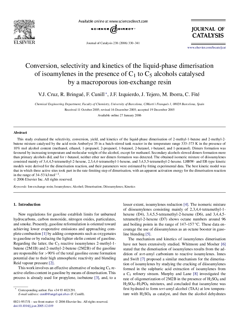 Conversion, selectivity and kinetics of the liquid-phase dimerisation of isoamylenes in the presence of C1 to C5 alcohols catalysed by a macroporous ion-exchange resin