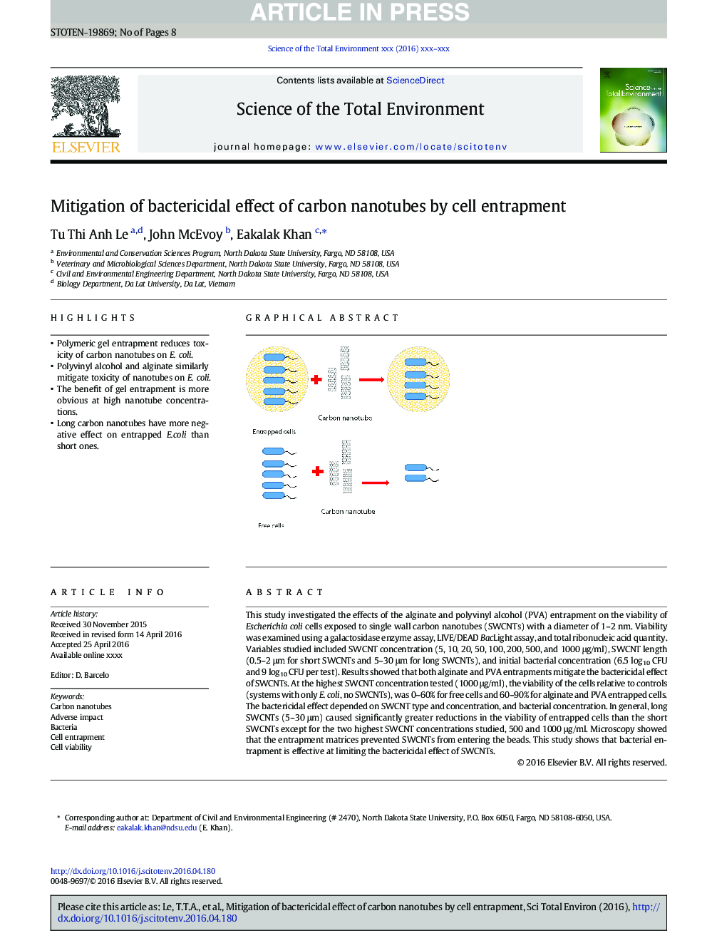 Mitigation of bactericidal effect of carbon nanotubes by cell entrapment