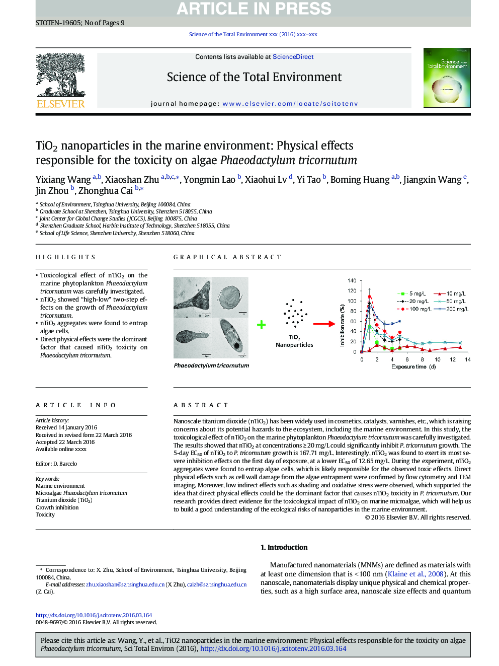 TiO2 nanoparticles in the marine environment: Physical effects responsible for the toxicity on algae Phaeodactylum tricornutum