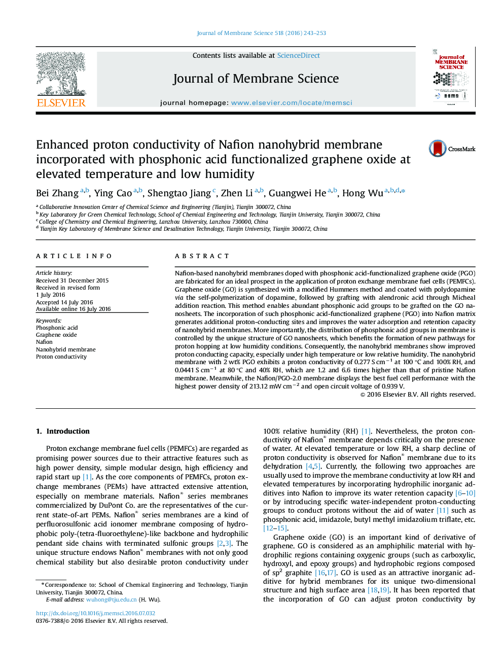 Enhanced proton conductivity of Nafion nanohybrid membrane incorporated with phosphonic acid functionalized graphene oxide at elevated temperature and low humidity