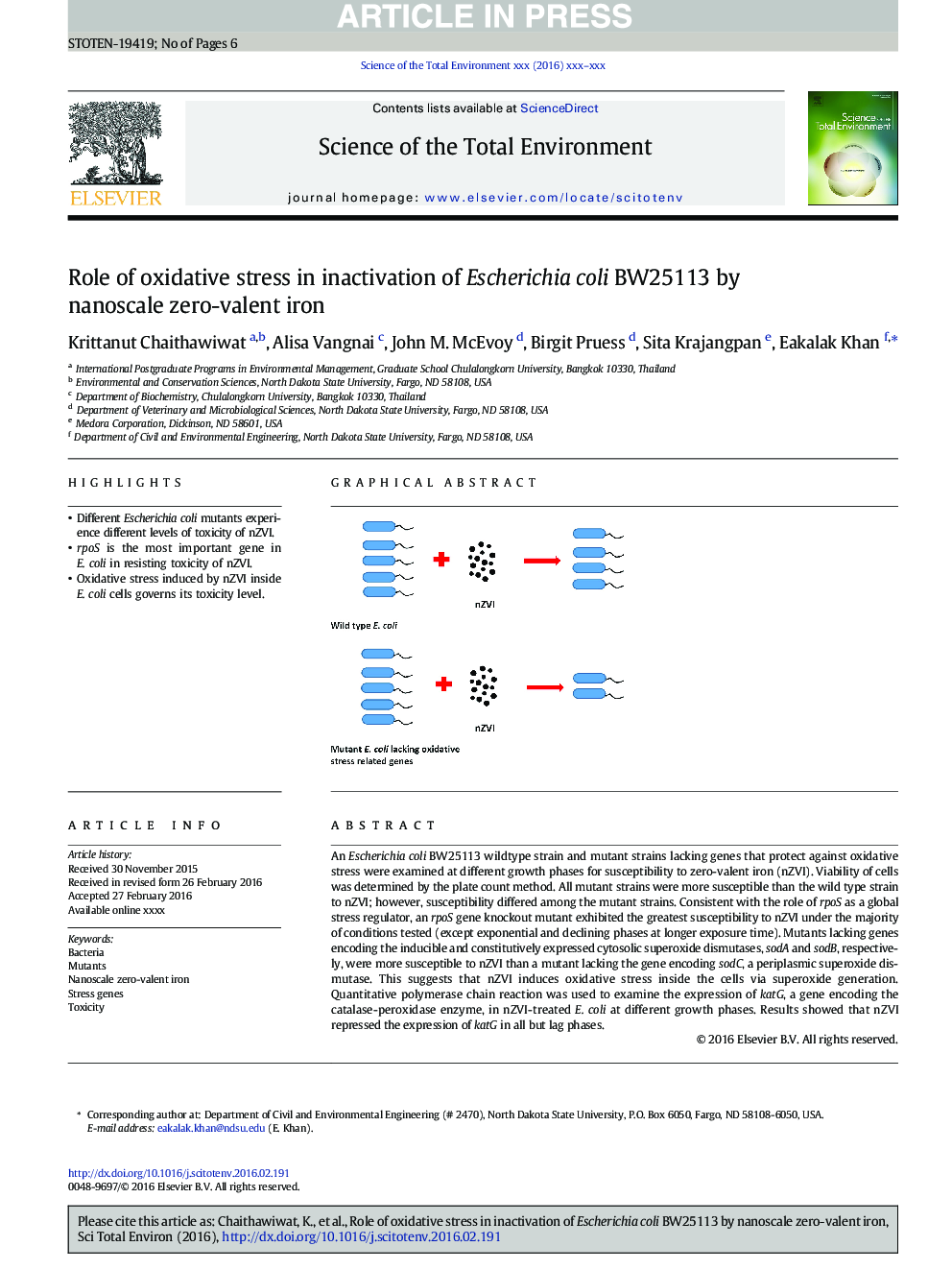 Role of oxidative stress in inactivation of Escherichia coli BW25113 by nanoscale zero-valent iron