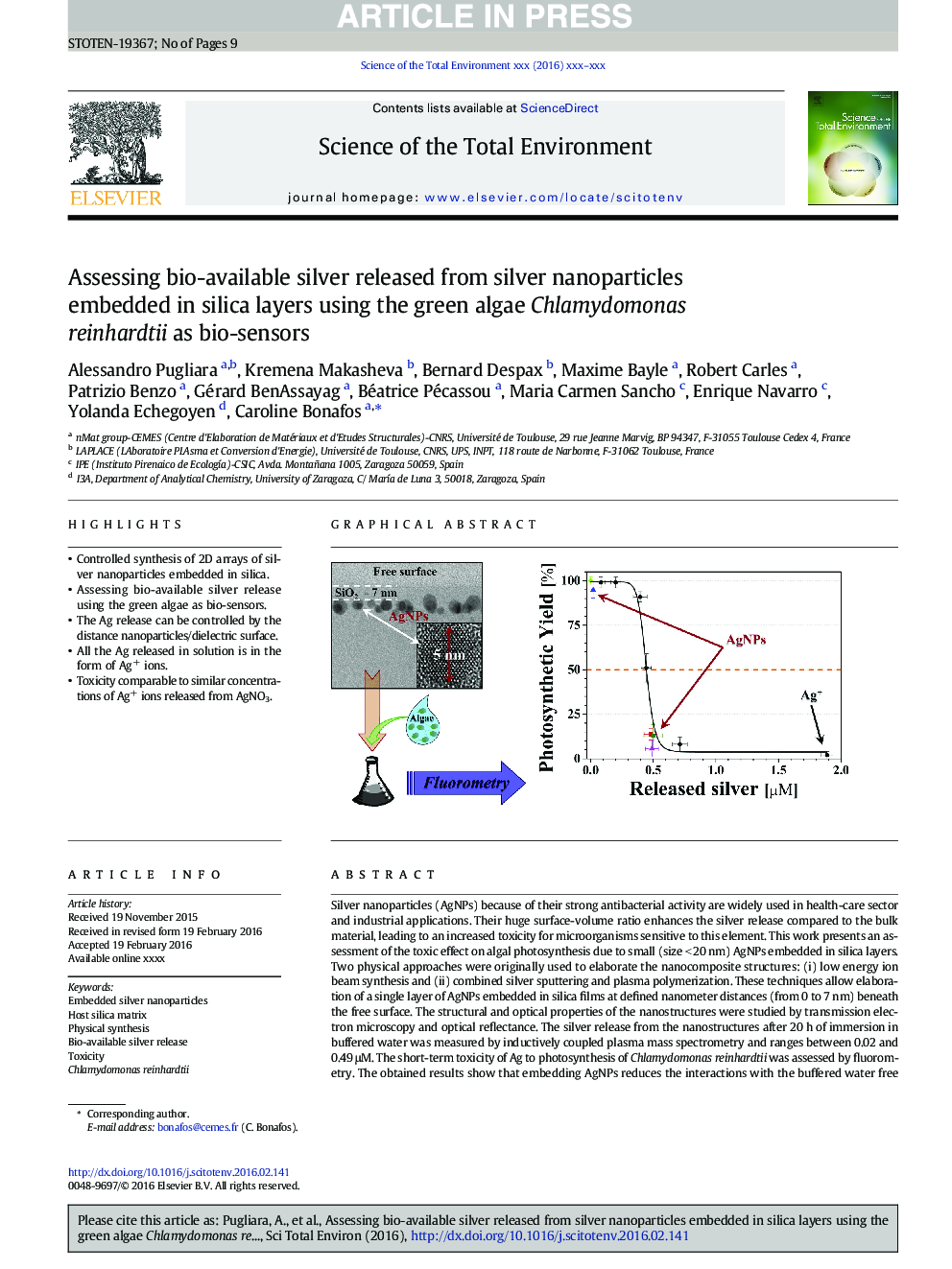 Assessing bio-available silver released from silver nanoparticles embedded in silica layers using the green algae Chlamydomonas reinhardtii as bio-sensors