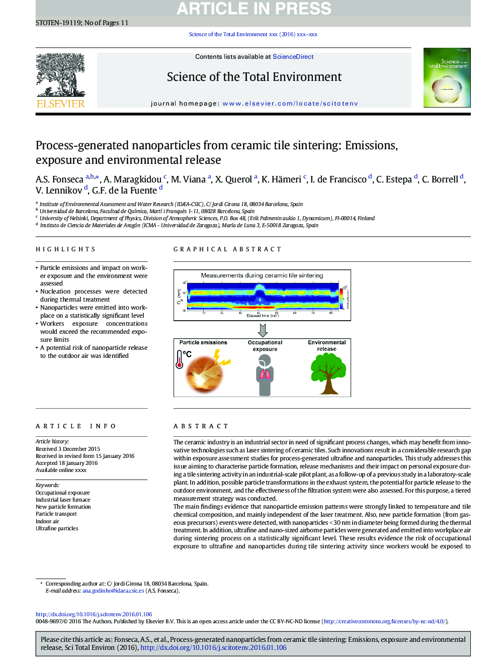 Process-generated nanoparticles from ceramic tile sintering: Emissions, exposure and environmental release