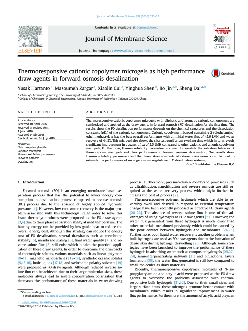 Thermoresponsive cationic copolymer microgels as high performance draw agents in forward osmosis desalination