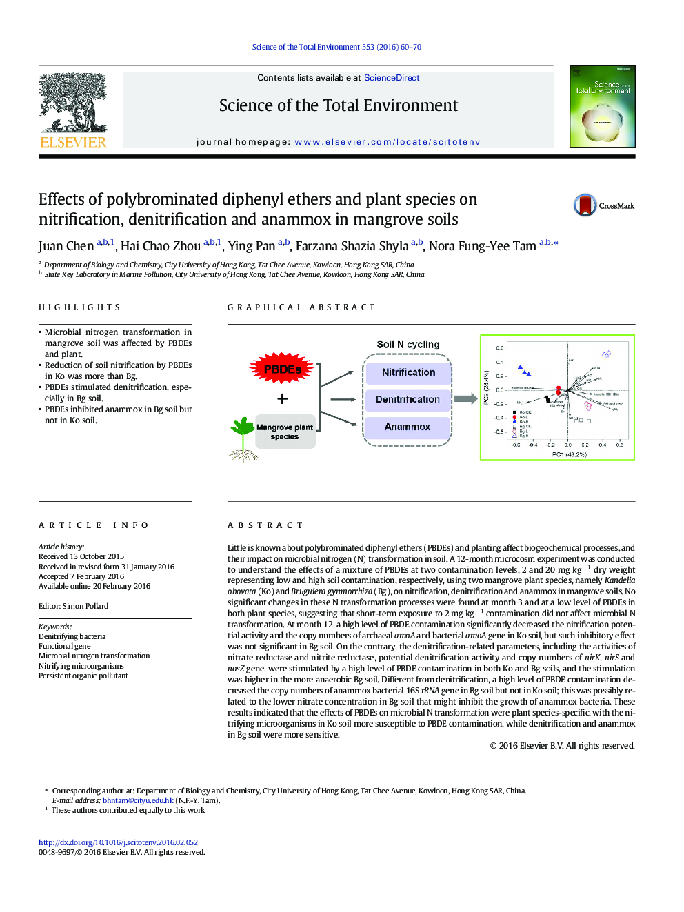 Effects of polybrominated diphenyl ethers and plant species on nitrification, denitrification and anammox in mangrove soils