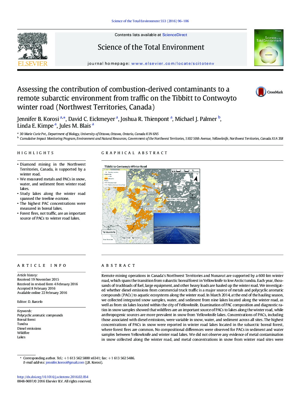 Assessing the contribution of combustion-derived contaminants to a remote subarctic environment from traffic on the Tibbitt to Contwoyto winter road (Northwest Territories, Canada)
