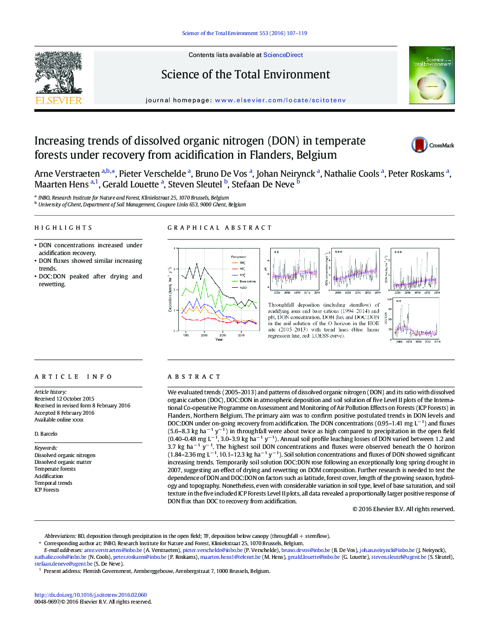 Increasing trends of dissolved organic nitrogen (DON) in temperate forests under recovery from acidification in Flanders, Belgium