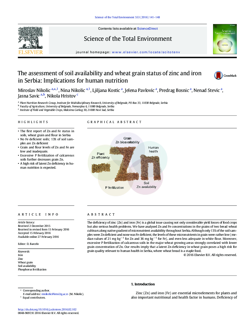 The assessment of soil availability and wheat grain status of zinc and iron in Serbia: Implications for human nutrition