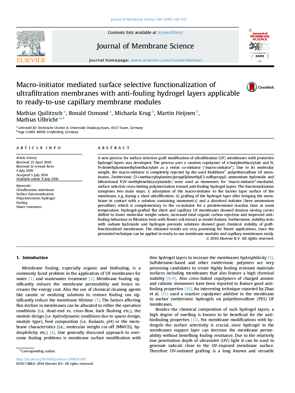 Macro-initiator mediated surface selective functionalization of ultrafiltration membranes with anti-fouling hydrogel layers applicable to ready-to-use capillary membrane modules