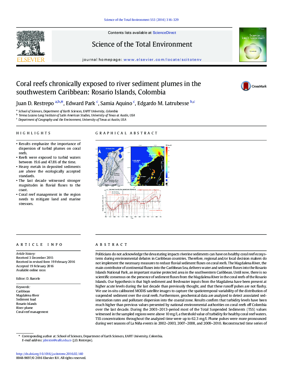 Coral reefs chronically exposed to river sediment plumes in the southwestern Caribbean: Rosario Islands, Colombia