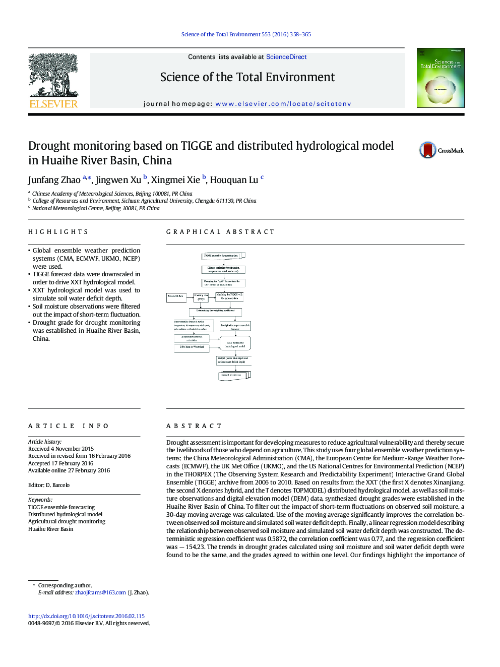 Drought monitoring based on TIGGE and distributed hydrological model in Huaihe River Basin, China