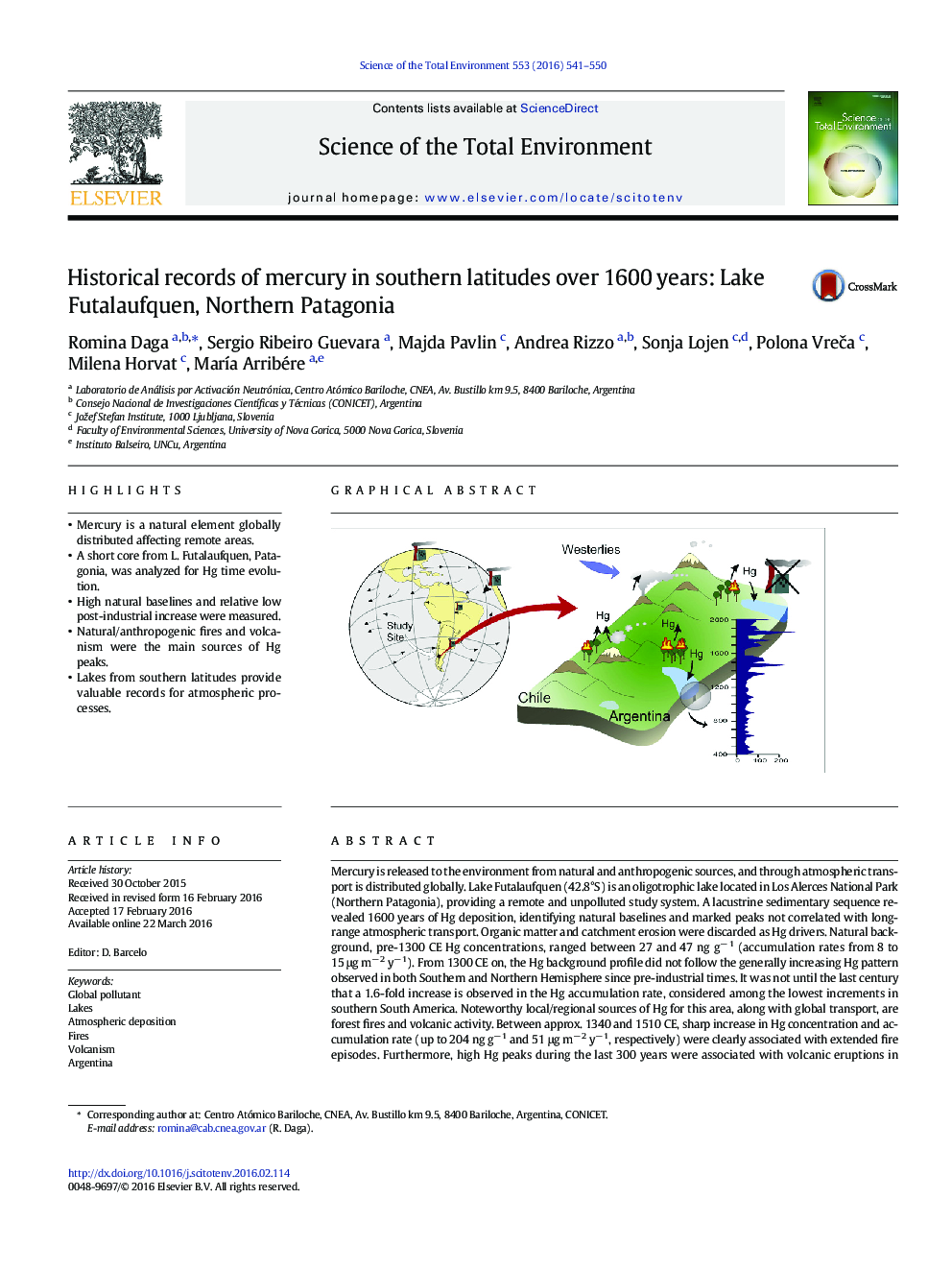 Historical records of mercury in southern latitudes over 1600Â years: Lake Futalaufquen, Northern Patagonia