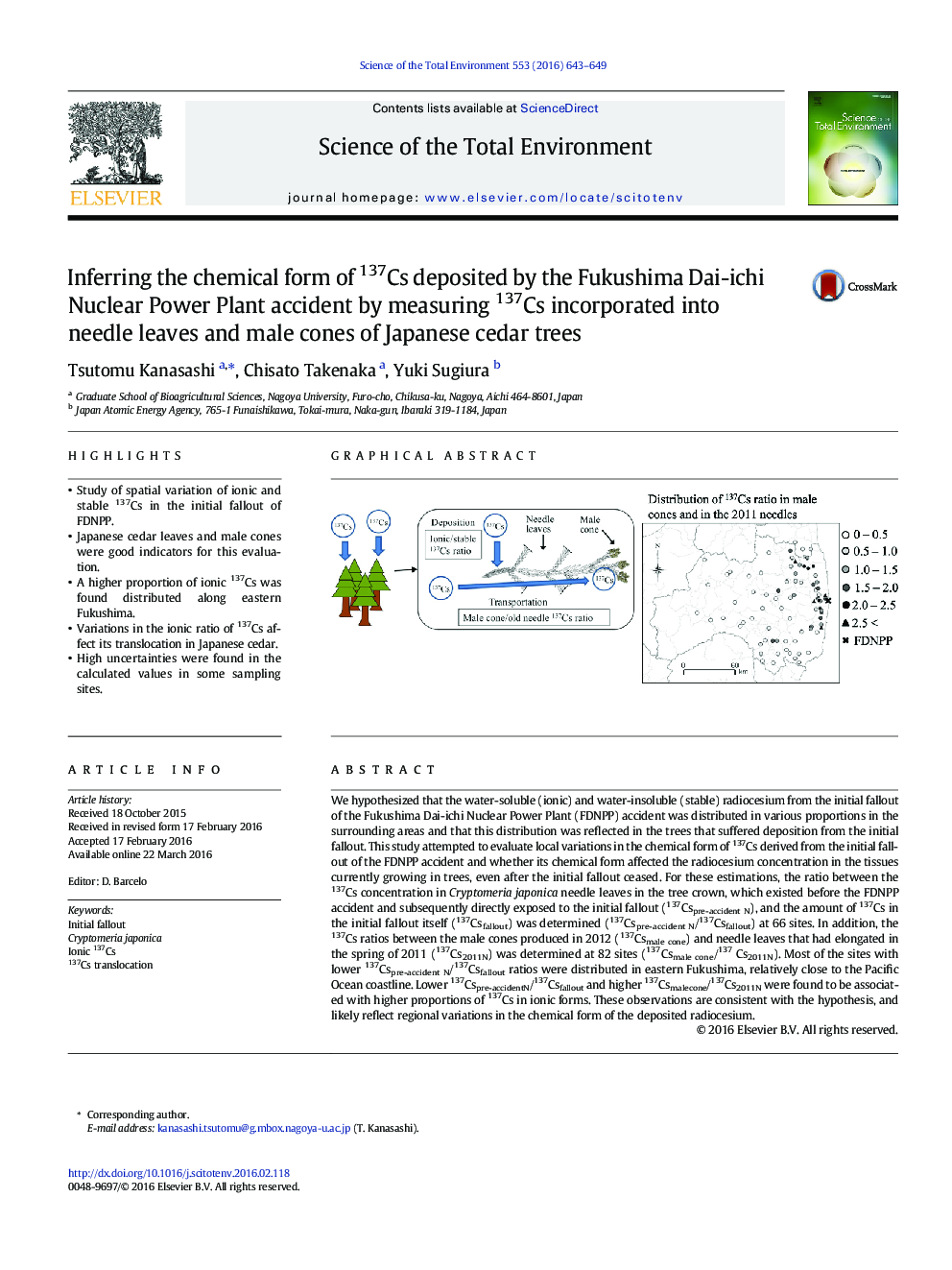 Inferring the chemical form of 137Cs deposited by the Fukushima Dai-ichi Nuclear Power Plant accident by measuring 137Cs incorporated into needle leaves and male cones of Japanese cedar trees