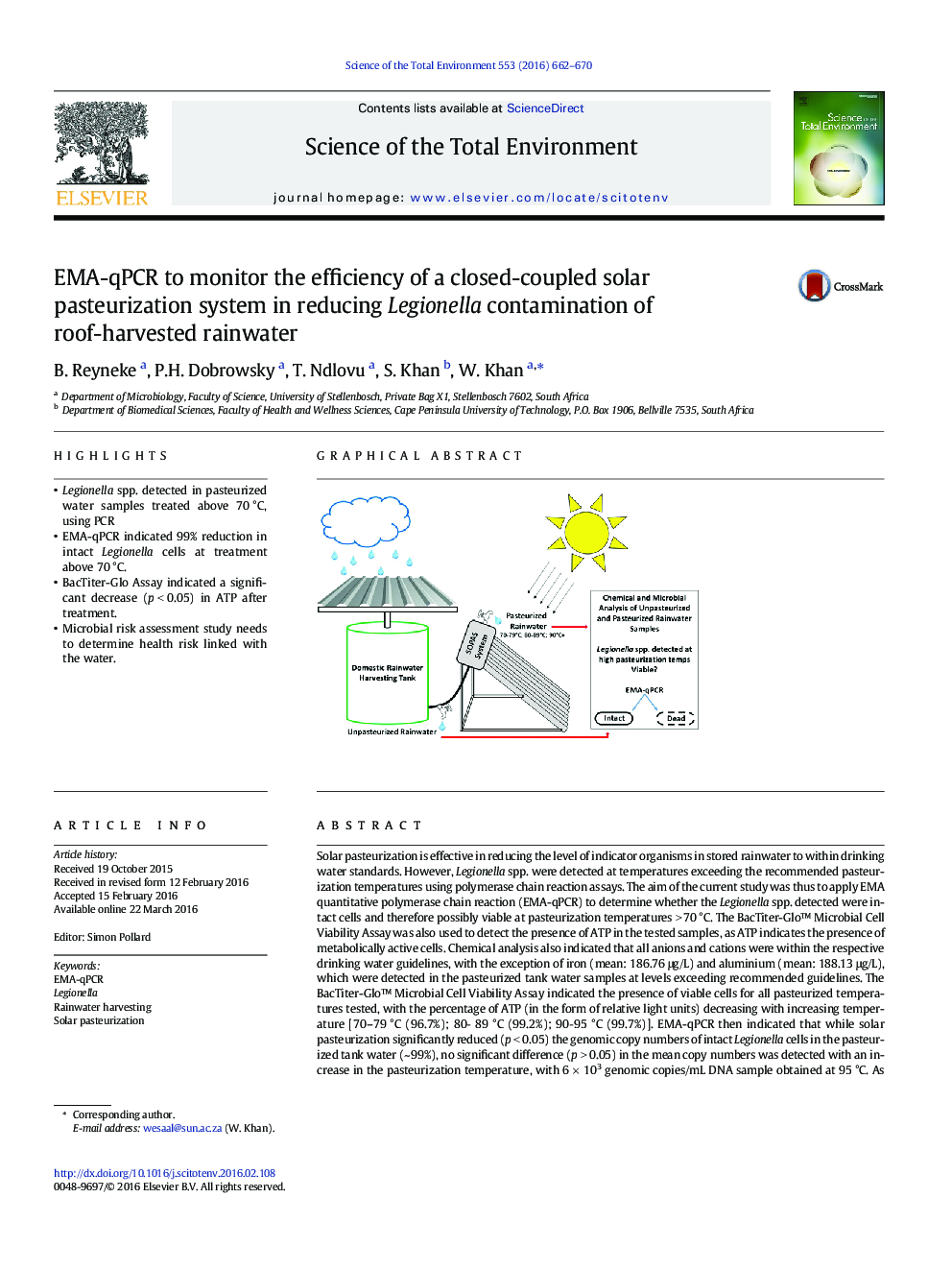 EMA-qPCR to monitor the efficiency of a closed-coupled solar pasteurization system in reducing Legionella contamination of roof-harvested rainwater