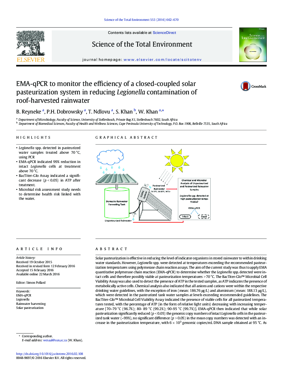 عکس صفحه اول مقاله: EMA-qPCR to monitor the efficiency of a closed-coupled solar pasteurization system in reducing Legionella contamination of roof-harvested rainwater EMA-qPCR to monitor the efficiency of a closed-coupled solar pasteurization system in reducing Legionella contamination of roof-harvested rainwater