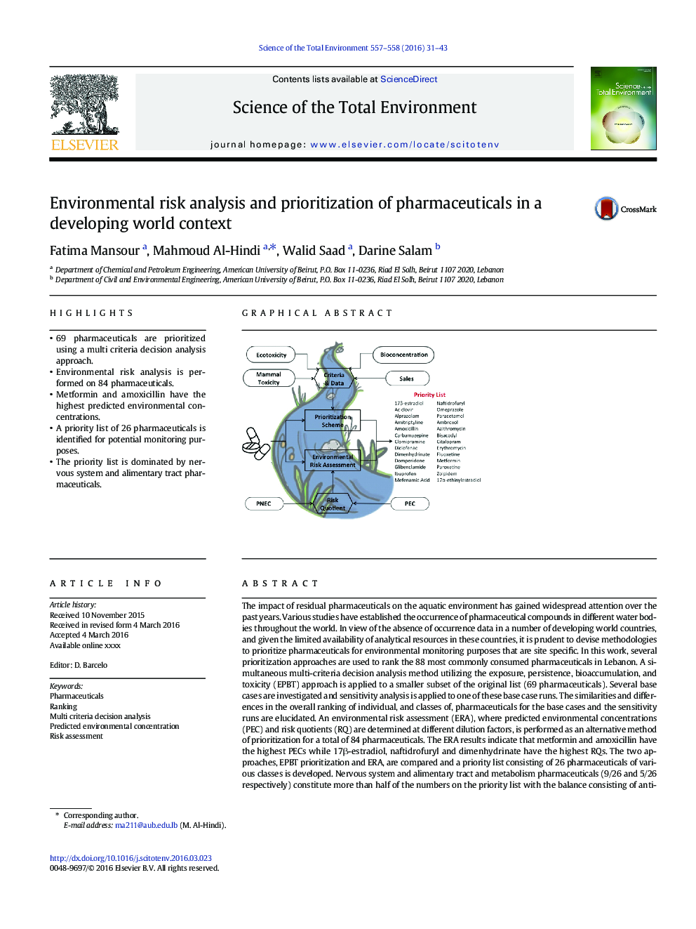 Environmental risk analysis and prioritization of pharmaceuticals in a developing world context