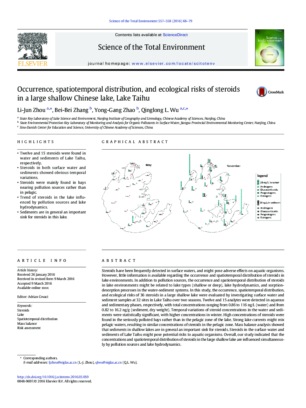 Occurrence, spatiotemporal distribution, and ecological risks of steroids in a large shallow Chinese lake, Lake Taihu