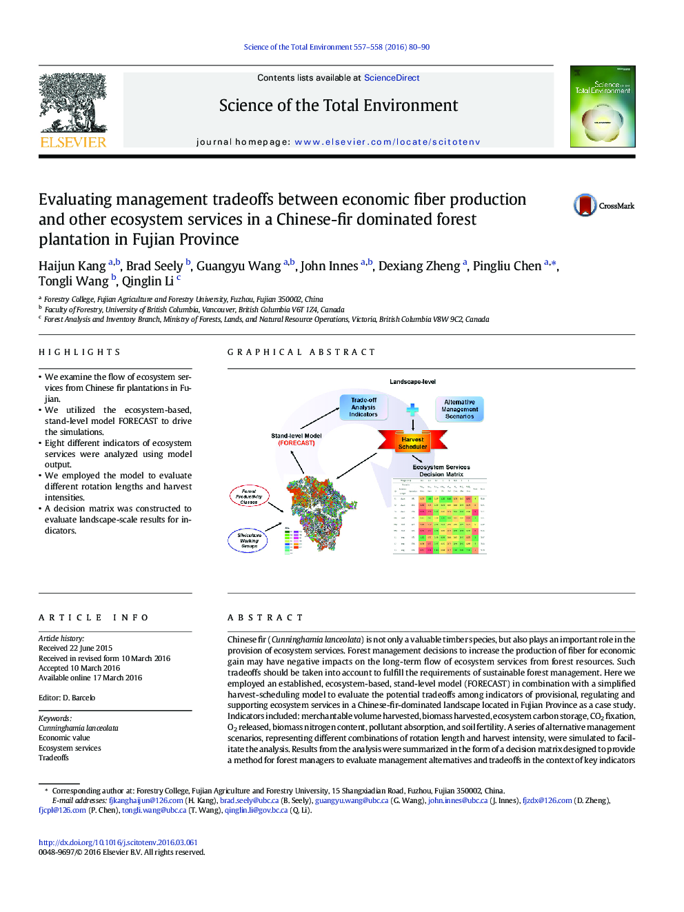 Evaluating management tradeoffs between economic fiber production and other ecosystem services in a Chinese-fir dominated forest plantation in Fujian Province