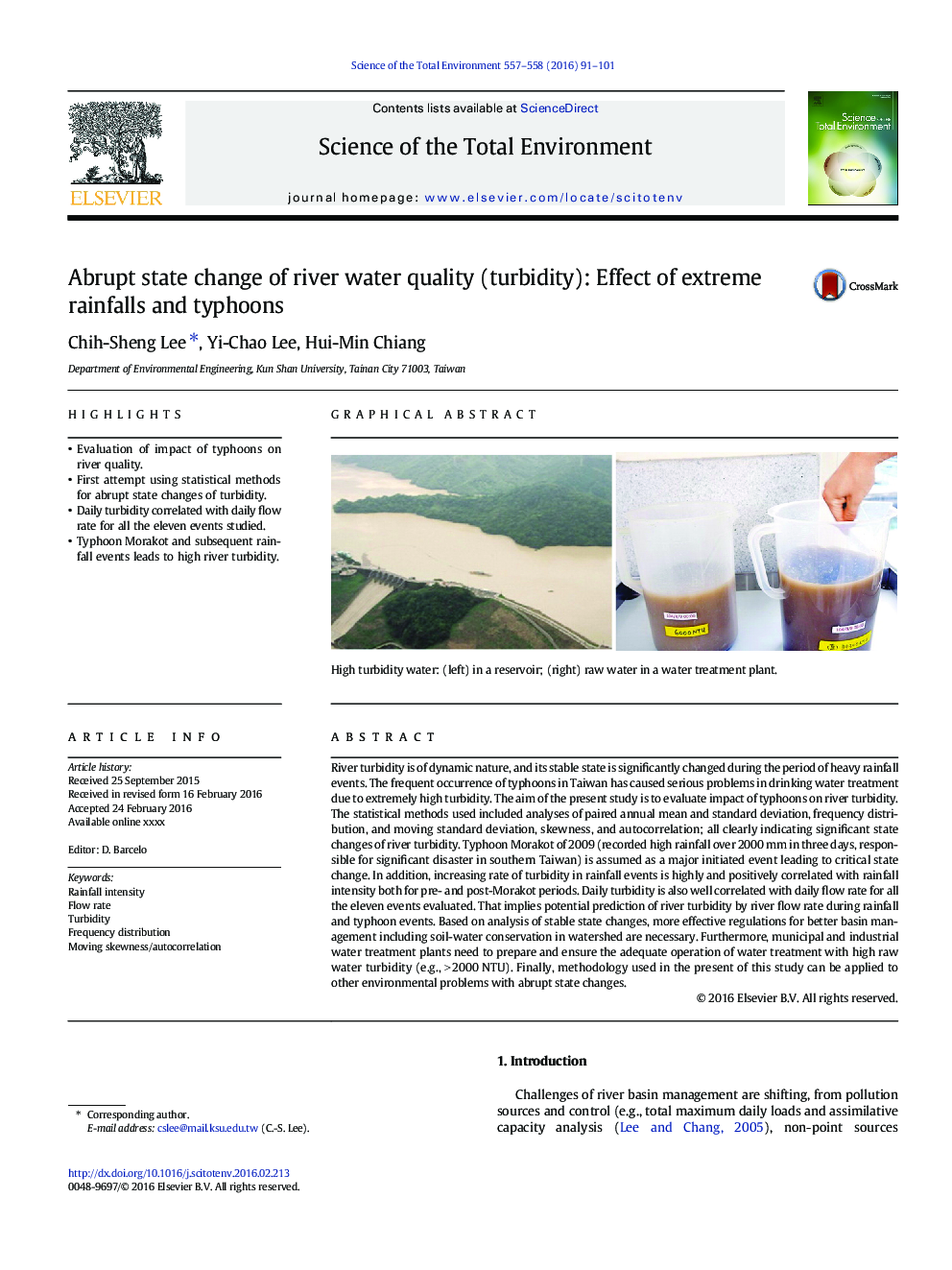 Abrupt state change of river water quality (turbidity): Effect of extreme rainfalls and typhoons