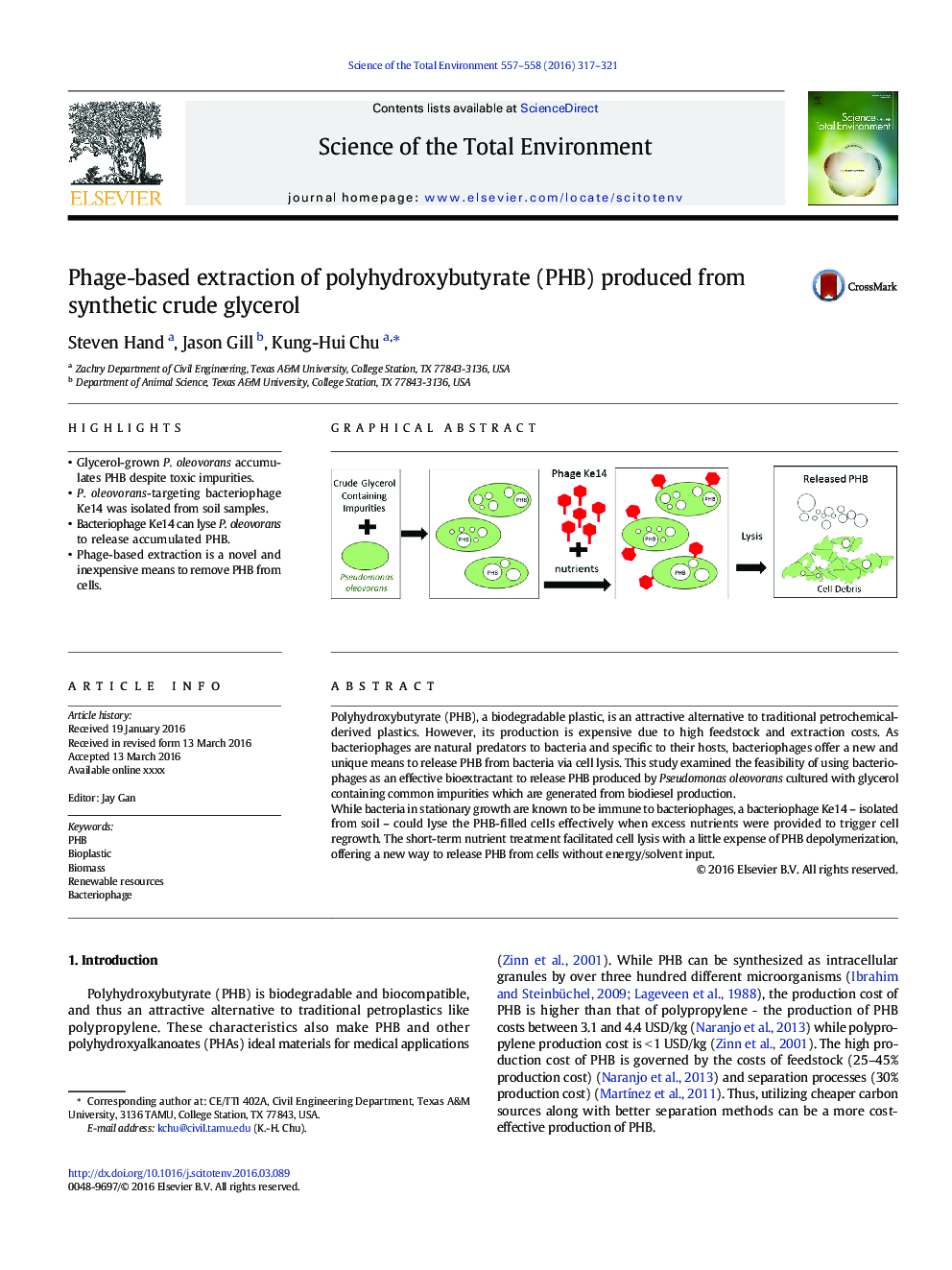 Phage-based extraction of polyhydroxybutyrate (PHB) produced from synthetic crude glycerol