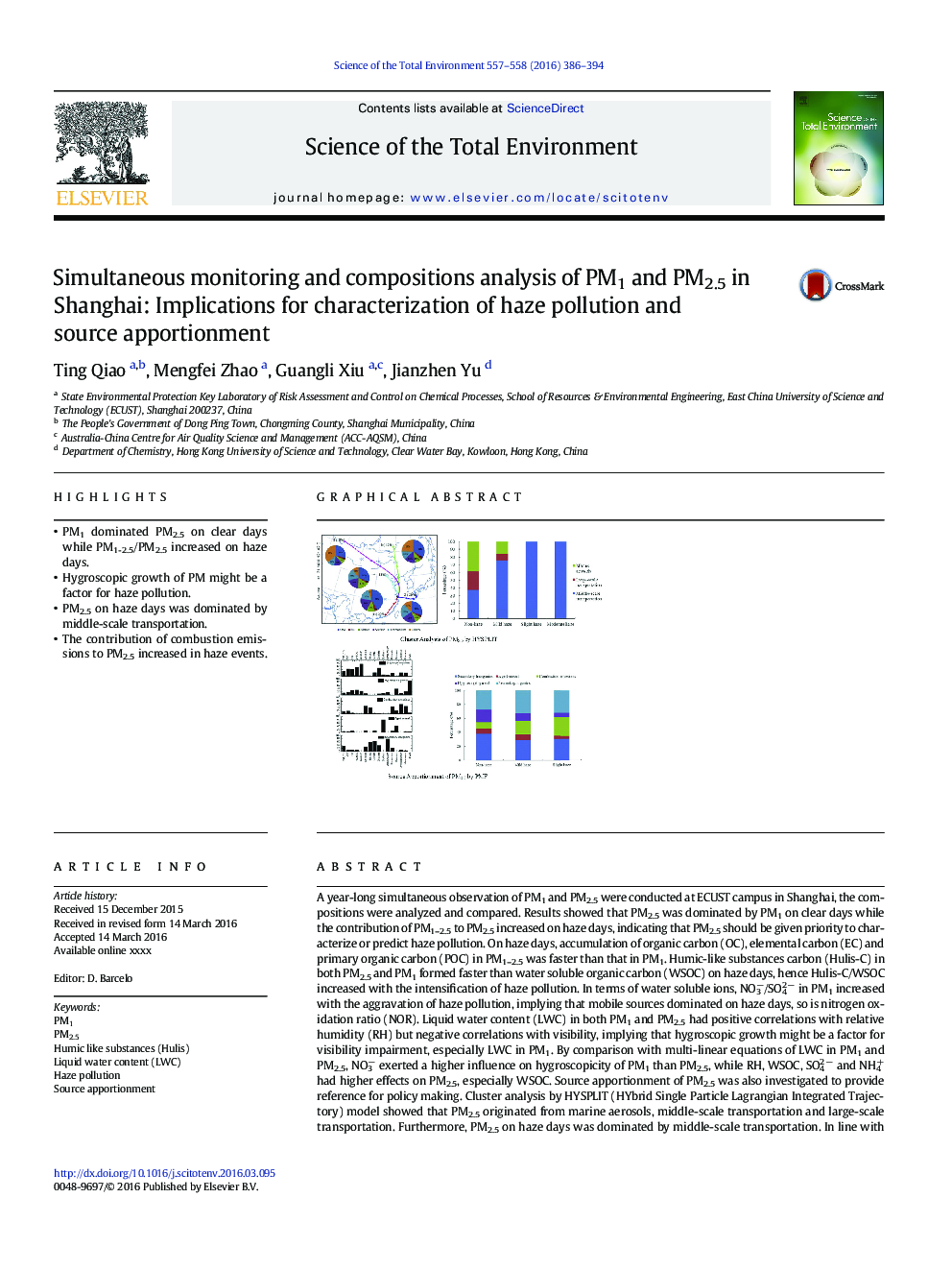 Simultaneous monitoring and compositions analysis of PM1 and PM2.5 in Shanghai: Implications for characterization of haze pollution and source apportionment