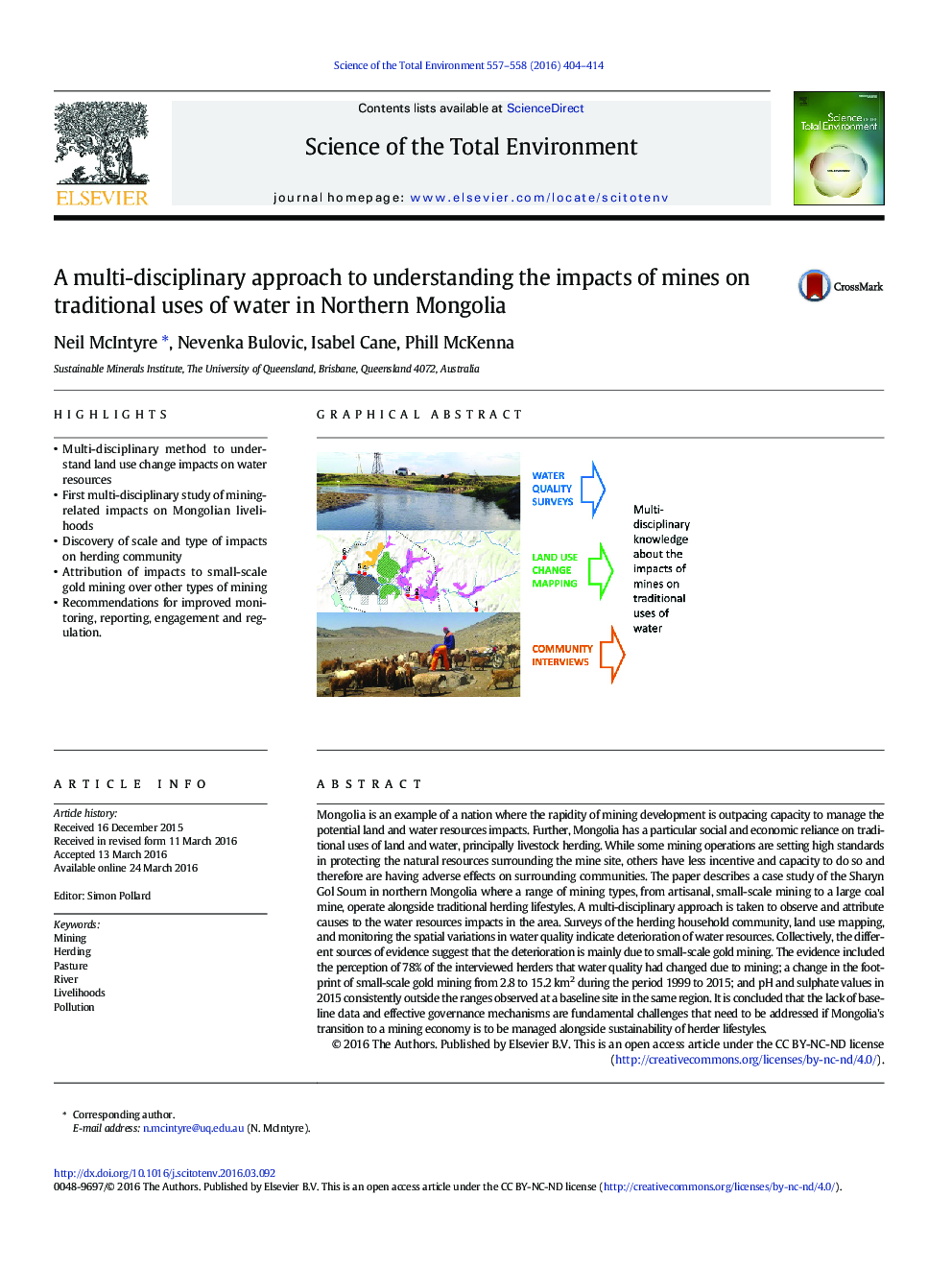 A multi-disciplinary approach to understanding the impacts of mines on traditional uses of water in Northern Mongolia