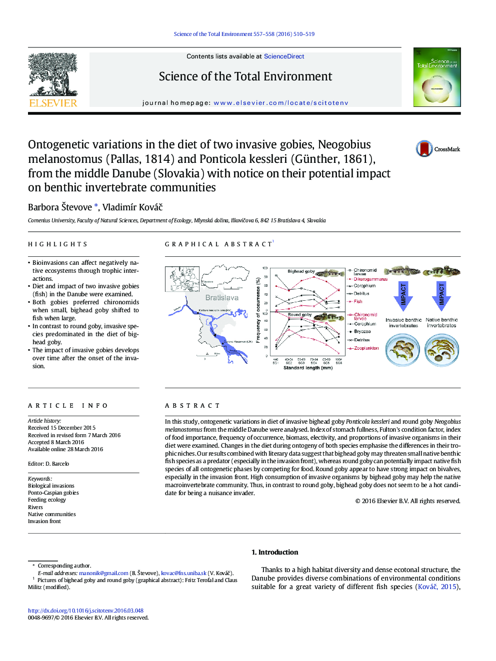 Ontogenetic variations in the diet of two invasive gobies, Neogobius melanostomus (Pallas, 1814) and Ponticola kessleri (Günther, 1861), from the middle Danube (Slovakia) with notice on their potential impact on benthic invertebrate communities