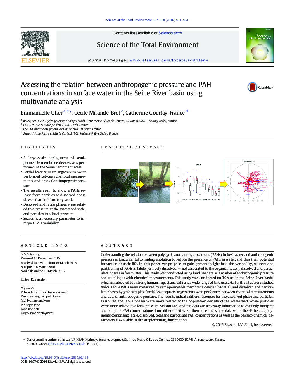 Assessing the relation between anthropogenic pressure and PAH concentrations in surface water in the Seine River basin using multivariate analysis