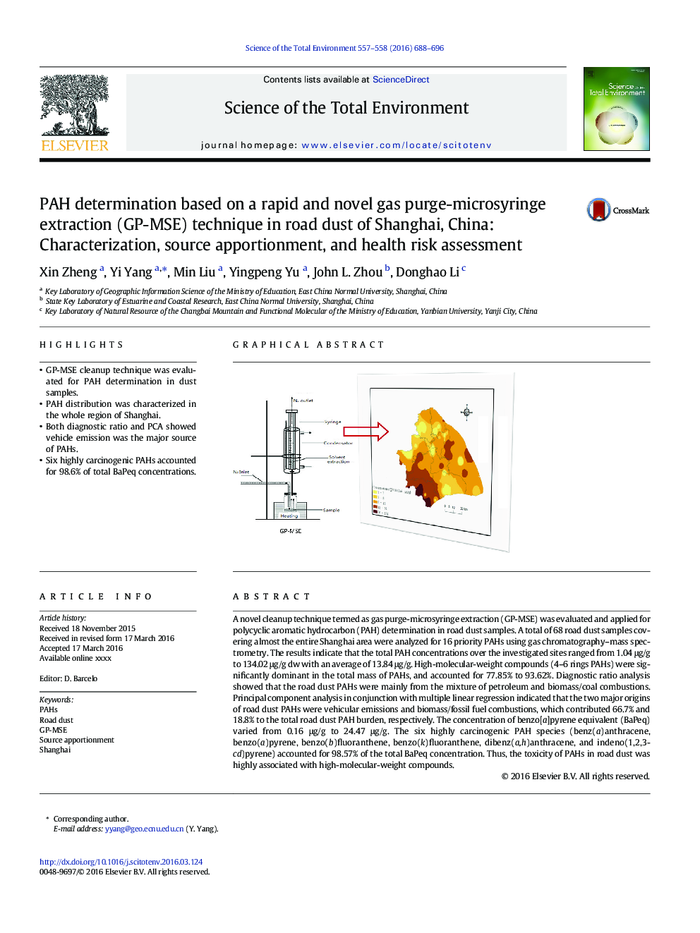 PAH determination based on a rapid and novel gas purge-microsyringe extraction (GP-MSE) technique in road dust of Shanghai, China: Characterization, source apportionment, and health risk assessment
