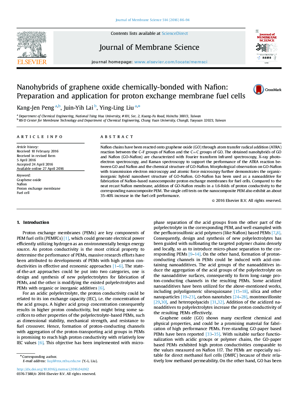 Nanohybrids of graphene oxide chemically-bonded with Nafion: Preparation and application for proton exchange membrane fuel cells