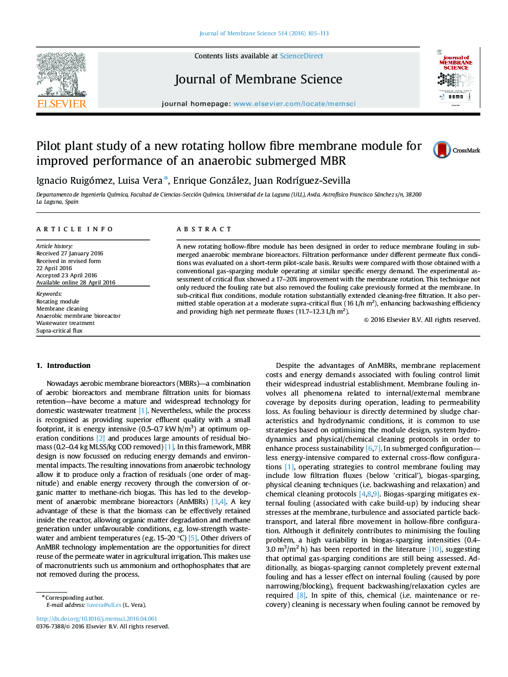 Pilot plant study of a new rotating hollow fibre membrane module for improved performance of an anaerobic submerged MBR