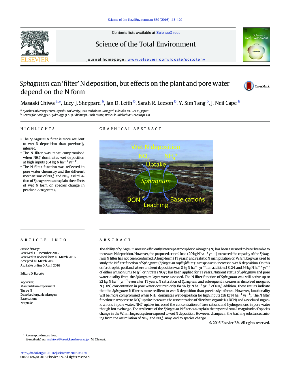 Sphagnum can 'filter' N deposition, but effects on the plant and pore water depend on the N form