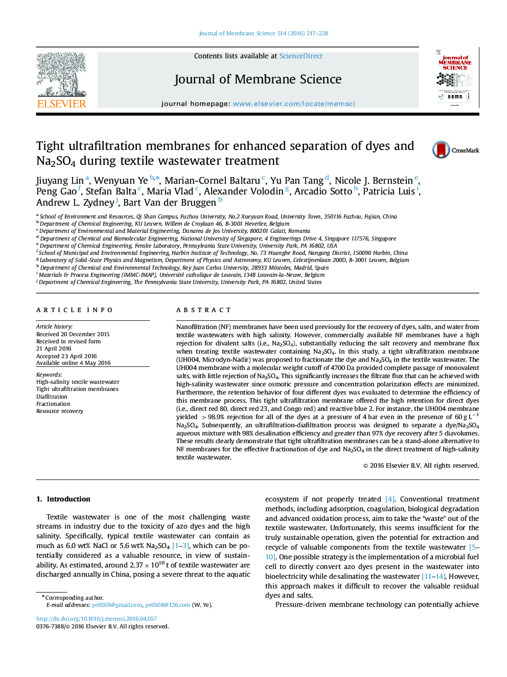 Tight ultrafiltration membranes for enhanced separation of dyes and Na2SO4 during textile wastewater treatment