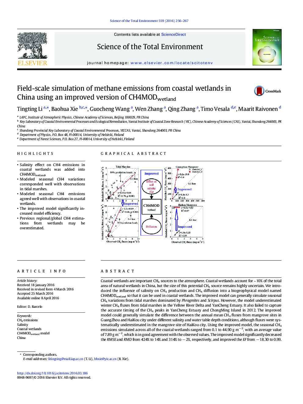 Field-scale simulation of methane emissions from coastal wetlands in China using an improved version of CH4MODwetland