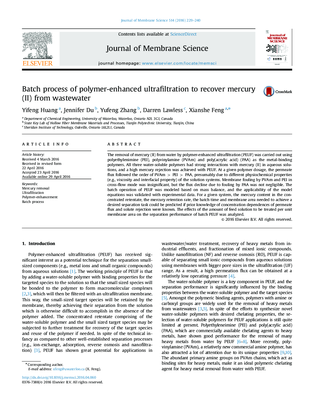 Batch process of polymer-enhanced ultrafiltration to recover mercury (II) from wastewater