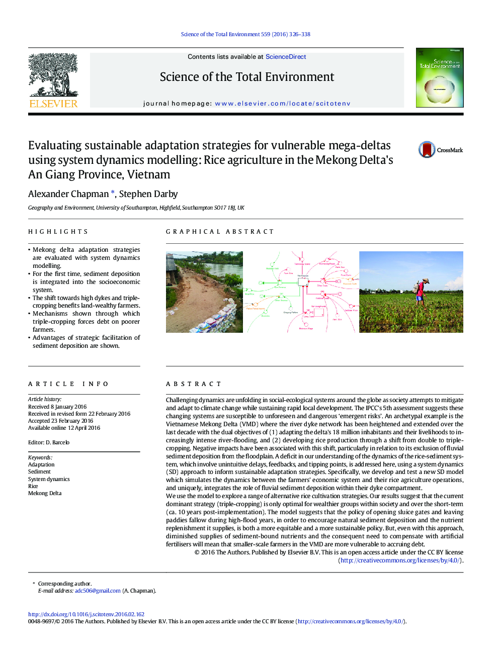 ارزیابی راهکارهای انطباق پایدار برای مگا دلتاهای آسیب پذیر با استفاده از مدل سازی پویایی سیستم: کشاورزی برنج در استان دونگ مکونگ، استان ویتنام 