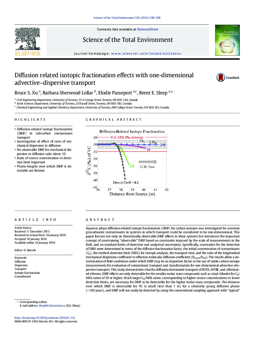 Diffusion related isotopic fractionation effects with one-dimensional advective-dispersive transport