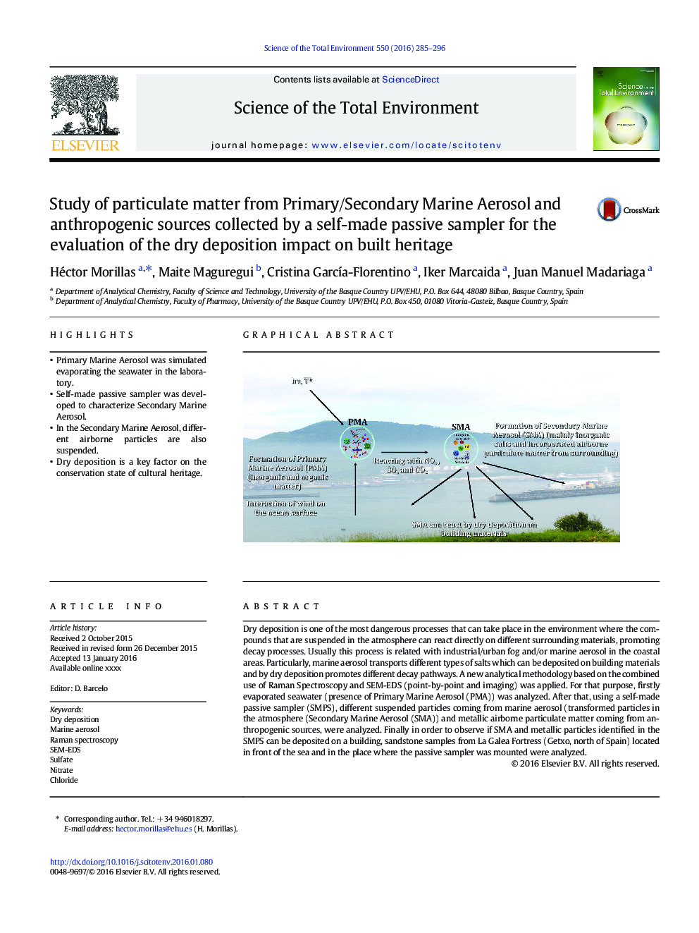 Study of particulate matter from Primary/Secondary Marine Aerosol and anthropogenic sources collected by a self-made passive sampler for the evaluation of the dry deposition impact on built heritage